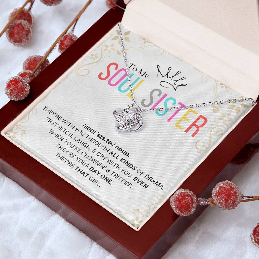 DesignTheShine Soul Sister Gifts for Women, BFF Gift, Best Friend Gift Ideas, Sisters Gift from Sister, Big Sister Gifts, Love Knot Necklace with Thoughtful Message Card and Gift Box - SS1