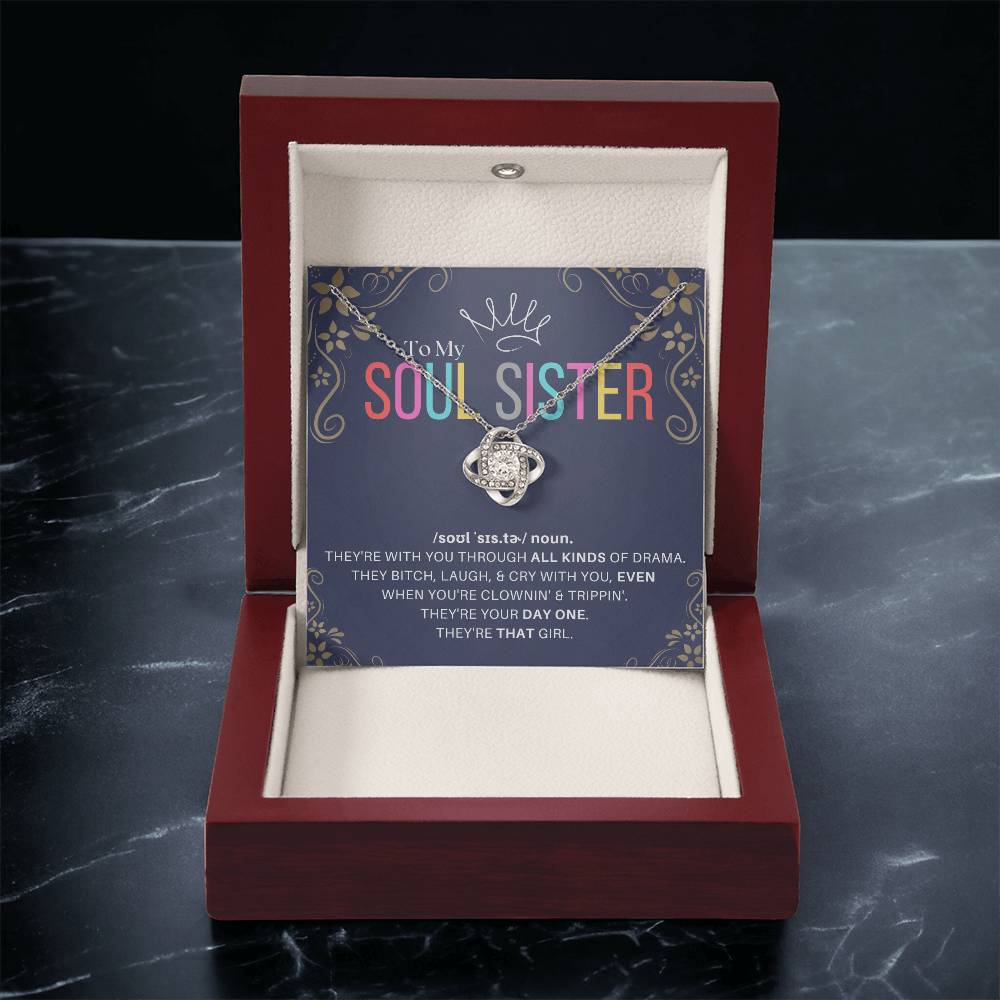 DesignTheShine Soul Sister Gifts for Women, BFF Gift, Best Friend Gift Ideas, Sisters Gift from Sister, Big Sister Gifts, Love Knot Necklace with Thoughtful Message Card and Gift Box - SS2