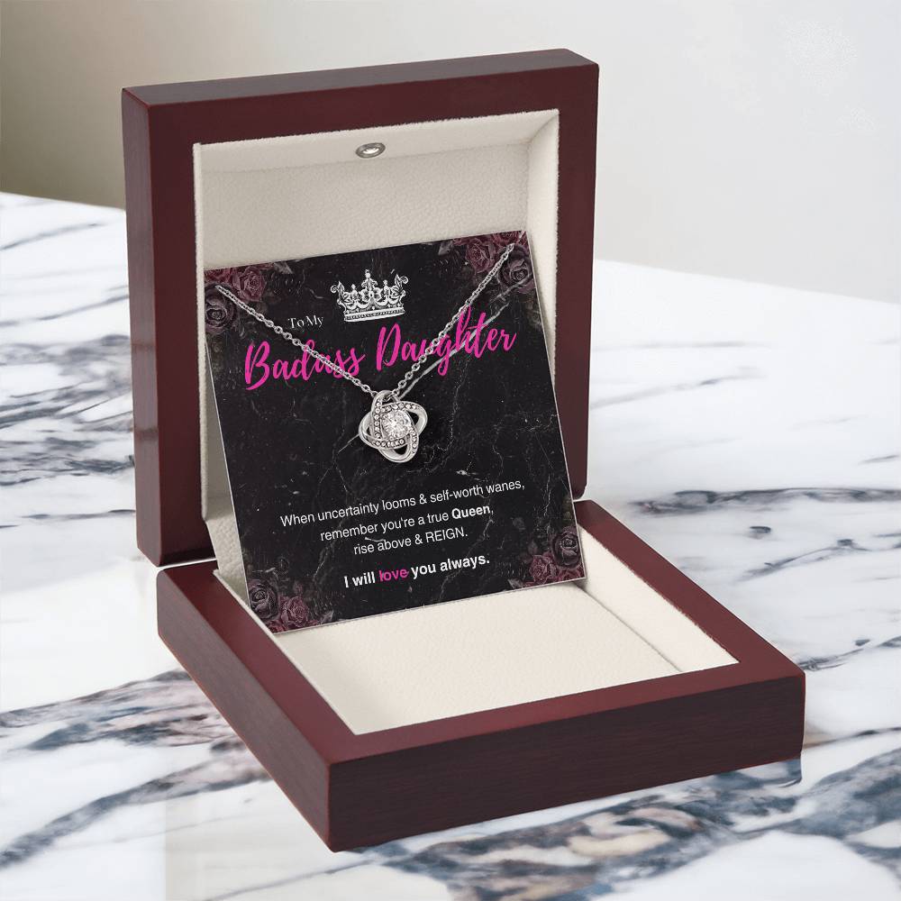 DesignTheShine Badass Daughter Necklace, Daughter Gifts from Mom or Dad, Christmas Gift for Teen Girls, Father Mother Daughter Gifts, Love Knot Necklace with Message Card and Gift Box - BA4