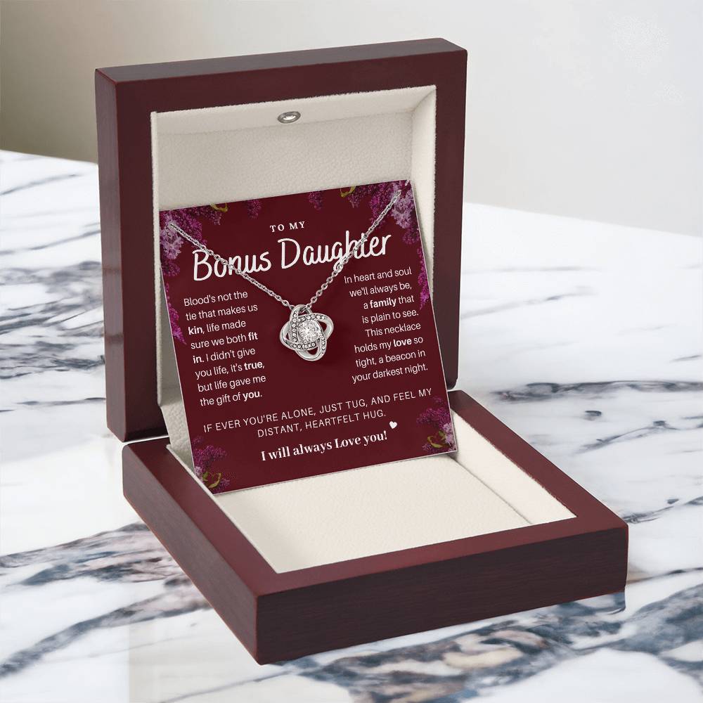 DesignTheShine Bonus Daughter Gifts Necklace for Stepdaughter Gift from Stepmom or Stepdad, Love Knot Necklaces for Christmas, Birthday, Graduation with Thoughtful Message Card and Gift Box - BD1