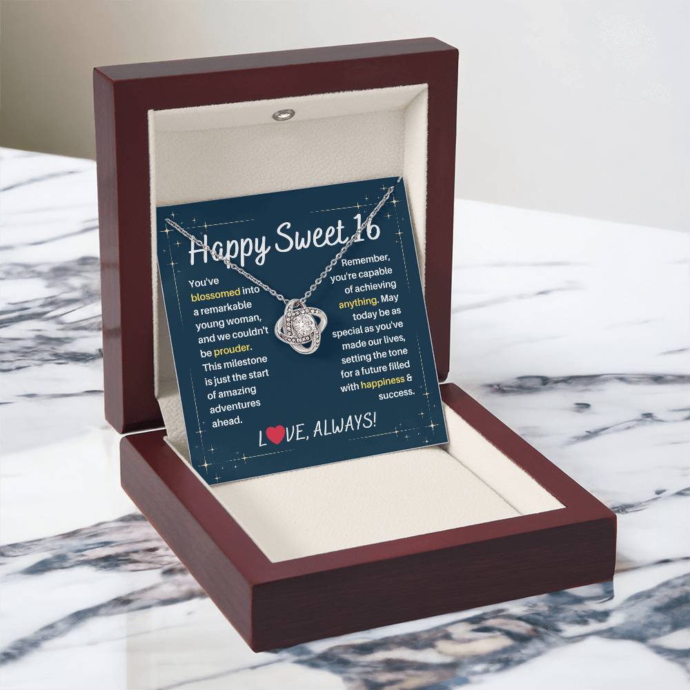 DesignTheShine Happy 16th Birthday Gifts for Girls, Sweet 16th Birthday Necklace for Daughter, Niece, Granddaughter or Girl, Gift Ideas Love Knot Necklace with Message Card and Gift Box - S62