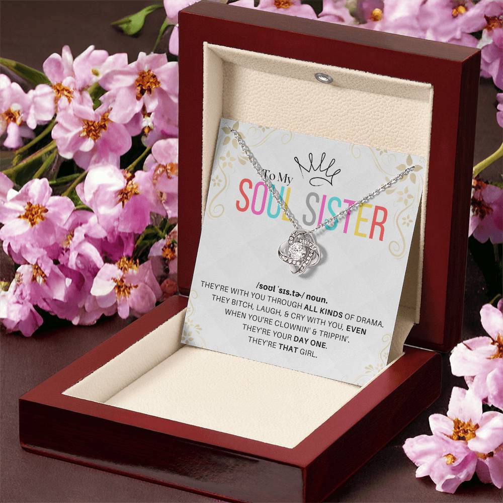 DesignTheShine Soul Sister Gifts for Women, BFF Gift, Best Friend Gift Ideas, Sisters Gift from Sister, Big Sister Gifts, Love Knot Necklace with Thoughtful Message Card and Gift Box - SS1