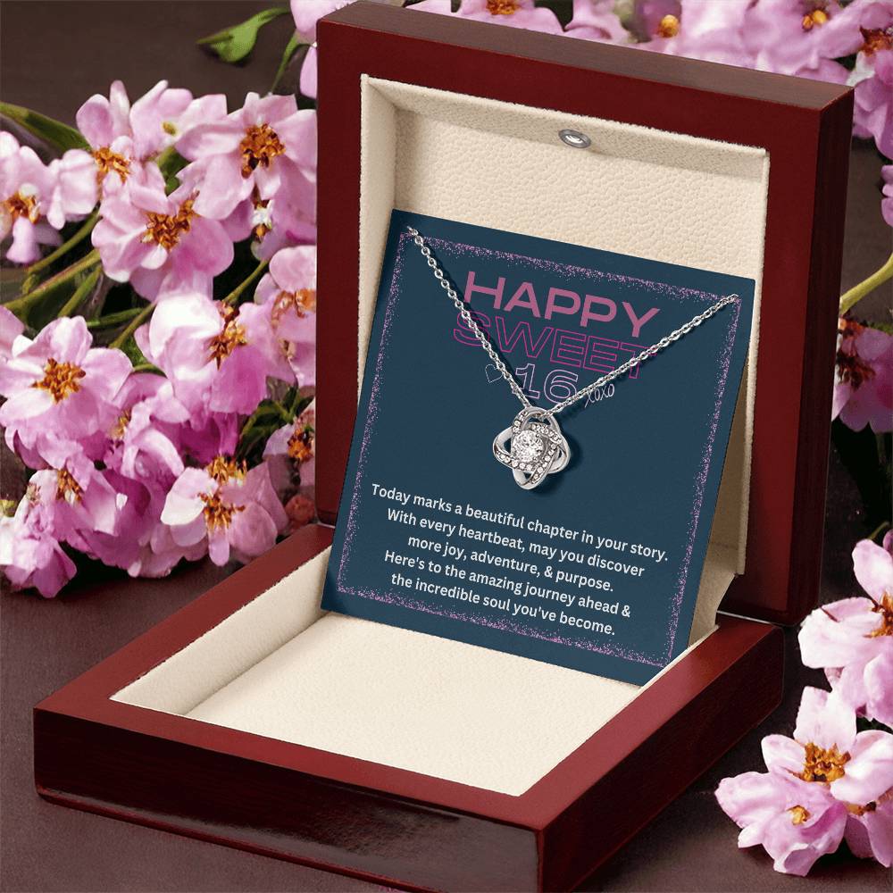 DesignTheShine Happy 16th Birthday Gifts for Girls, Sweet 16th Birthday Necklace for Daughter, Niece, Granddaughter or Girl, Gift Ideas Love Knot Necklace with Message Card and Gift Box - S64