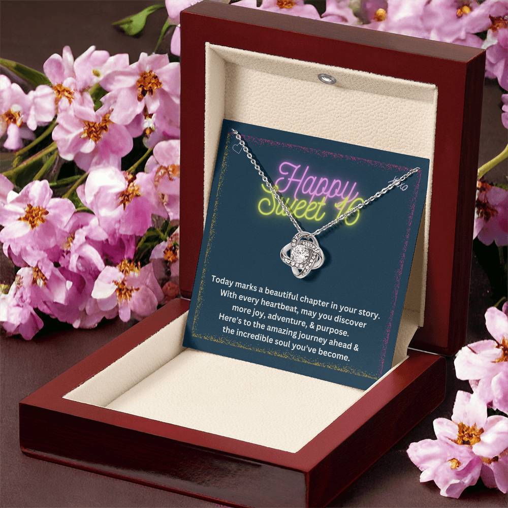 DesignTheShine Happy 16th Birthday Gifts for Girls, Sweet 16th Birthday Necklace for Daughter, Niece, Granddaughter or Girl, Gift Ideas Love Knot, Message Card USS65