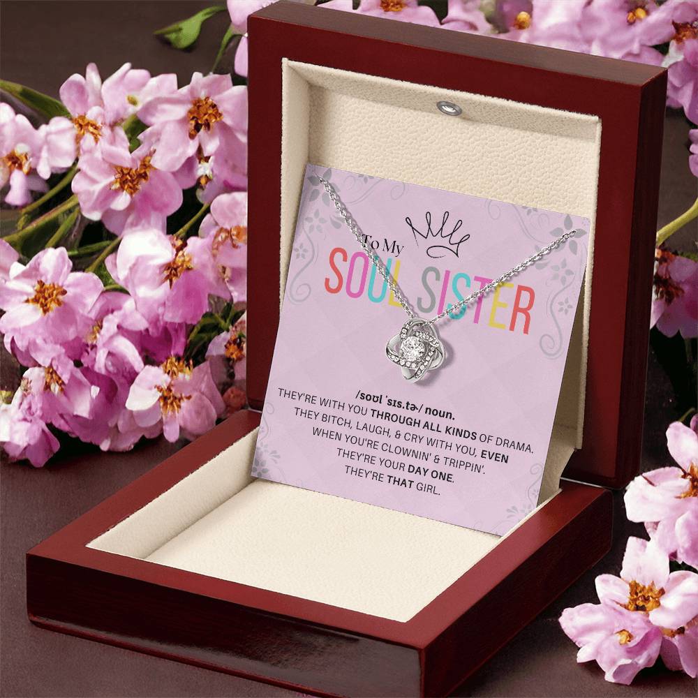 DesignTheShine Soul Sister Gifts for Women, BFF Gift, Best Friend Gift Ideas, Sisters Gift from Sister, Big Sister Gifts, Love Knot Necklace with Thoughtful Message Card and Gift Box - SS3