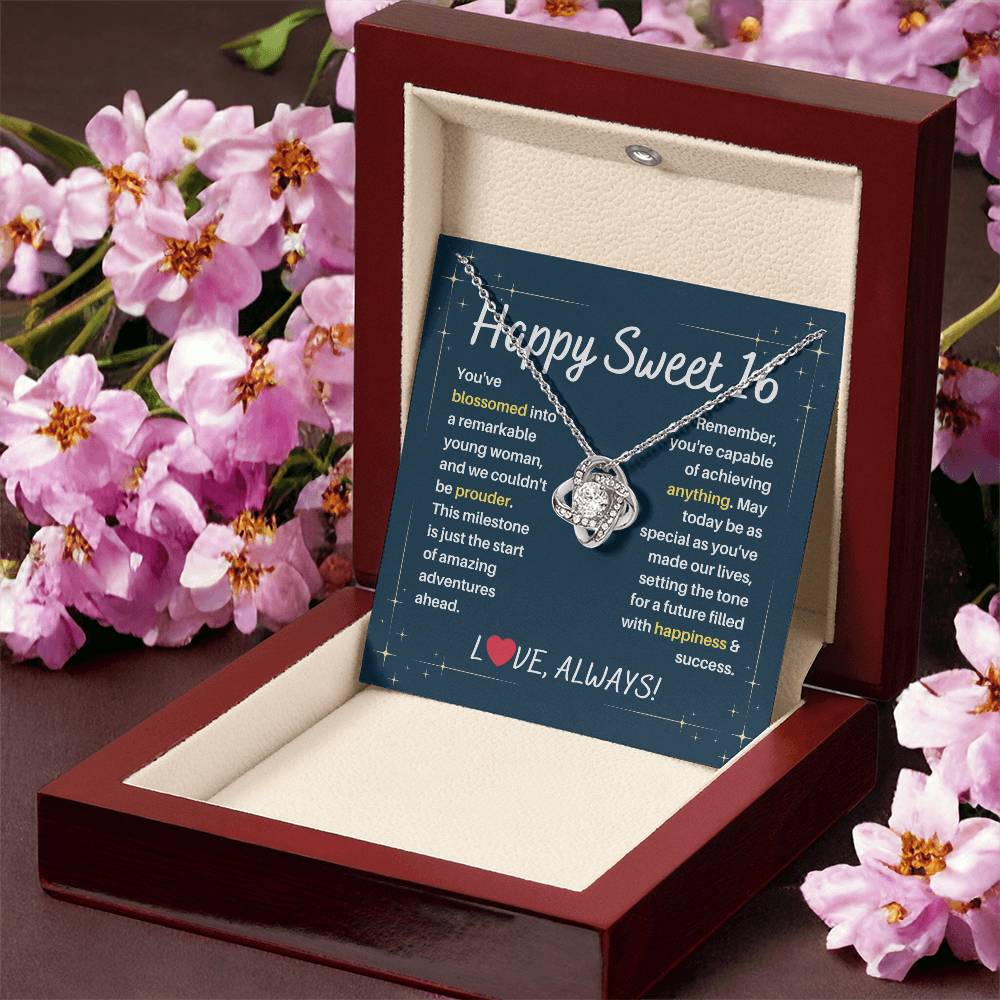 DesignTheShine Happy 16th Birthday Gifts for Girls, Sweet 16th Birthday Necklace for Daughter, Niece, Granddaughter or Girl, Gift Ideas Love Knot Necklace with Message Card and Gift Box - S63